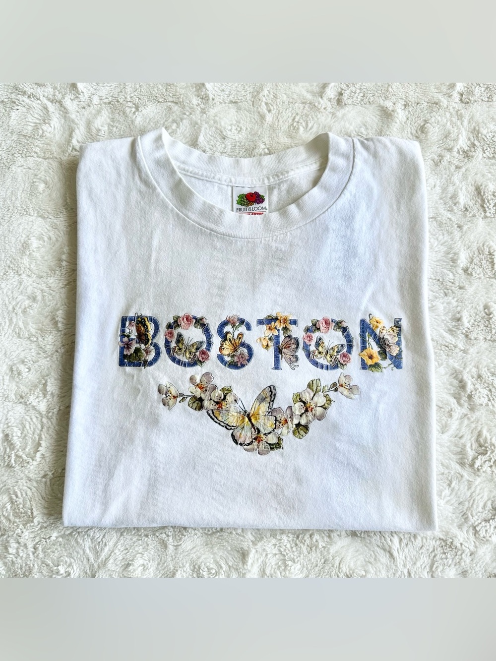 Vintage Boston Shirt Tee Womens Large White Floral Butterfly Garden Flower READ
